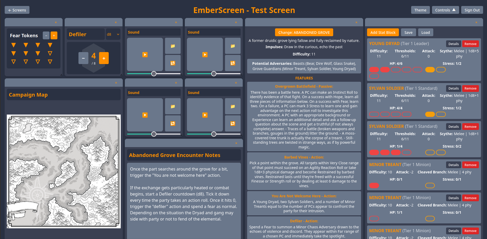 EmberScreen interface showing customizable GM screen with widgets for Daggerheart